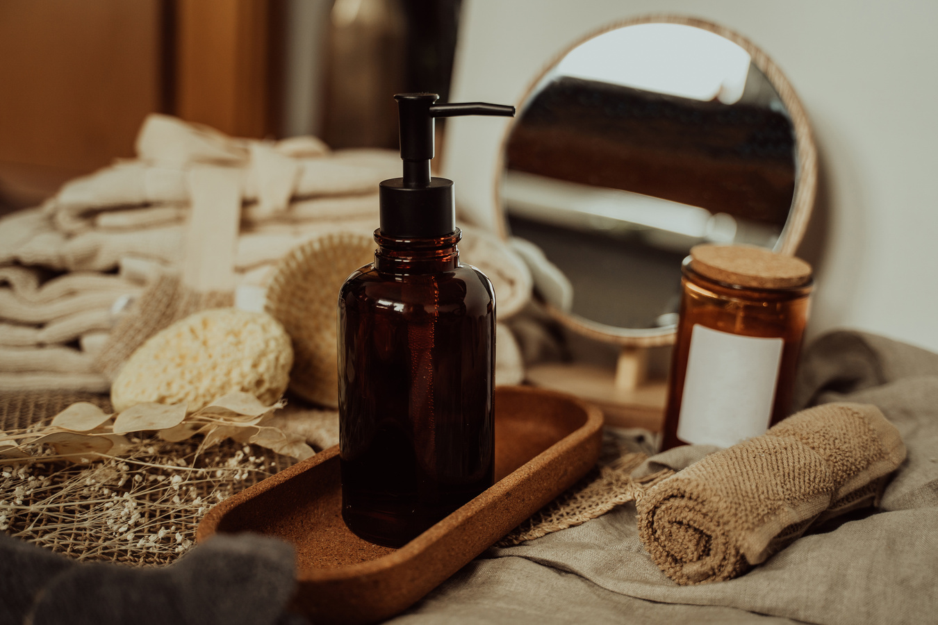 Brown Pump Bottle on Brown Wooden Tray
